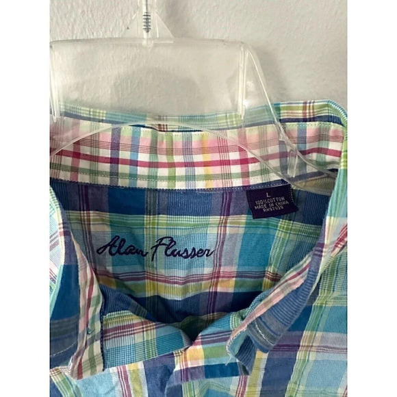 Alan Flusser Long Sleeve Oxford Pastel Plaid Hidden Button Collar Large - Picture 2 of 3